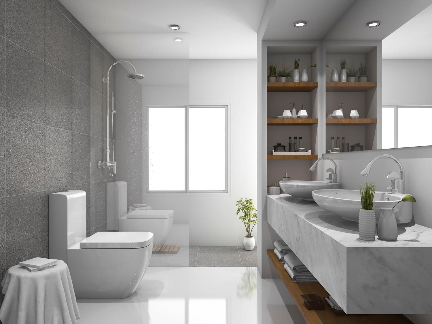 Modern bathroom with a walk-in shower, twin basins and open shelving