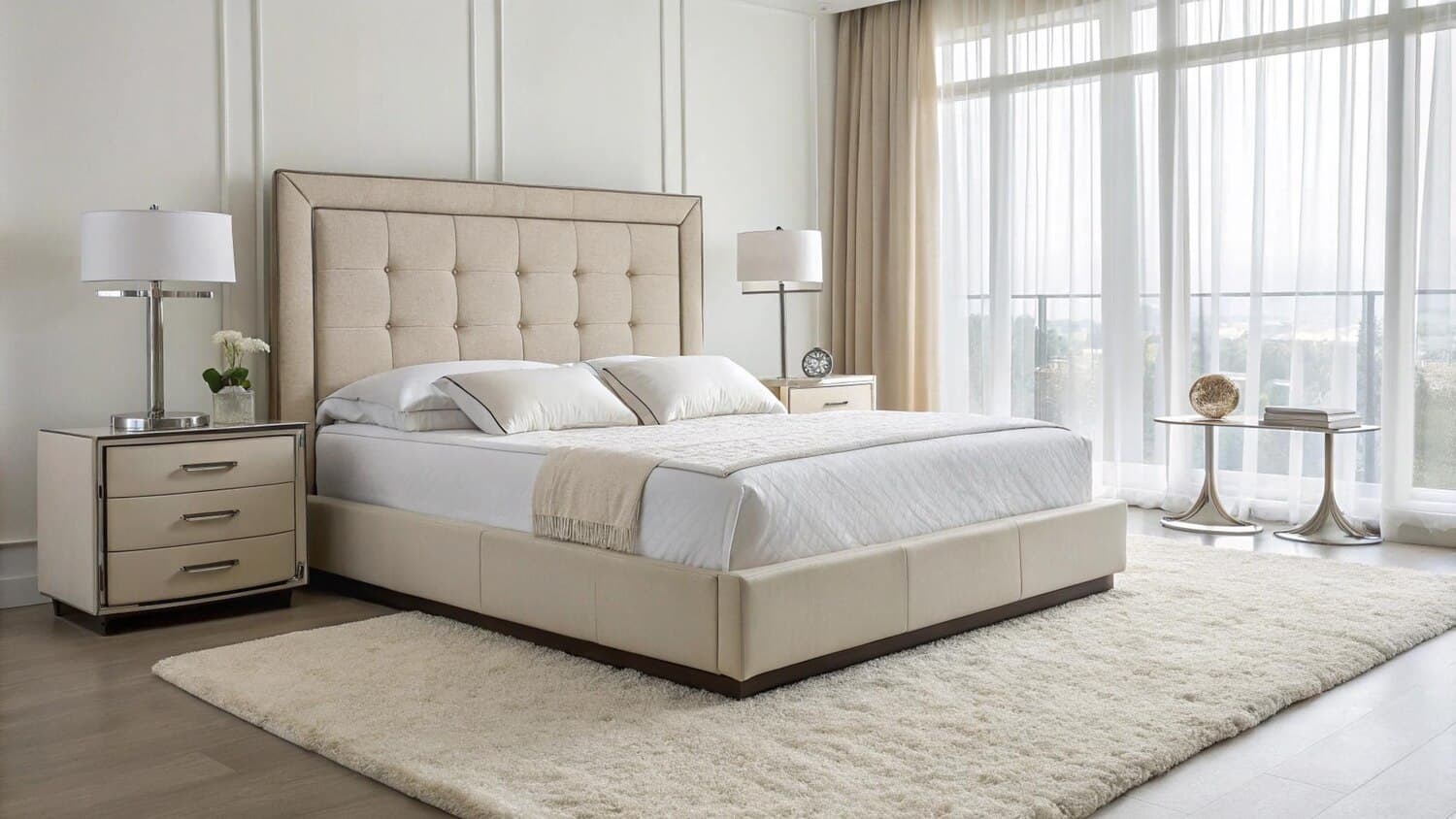 Bedroom with an upholstered bed, bedside tables and a soft rug