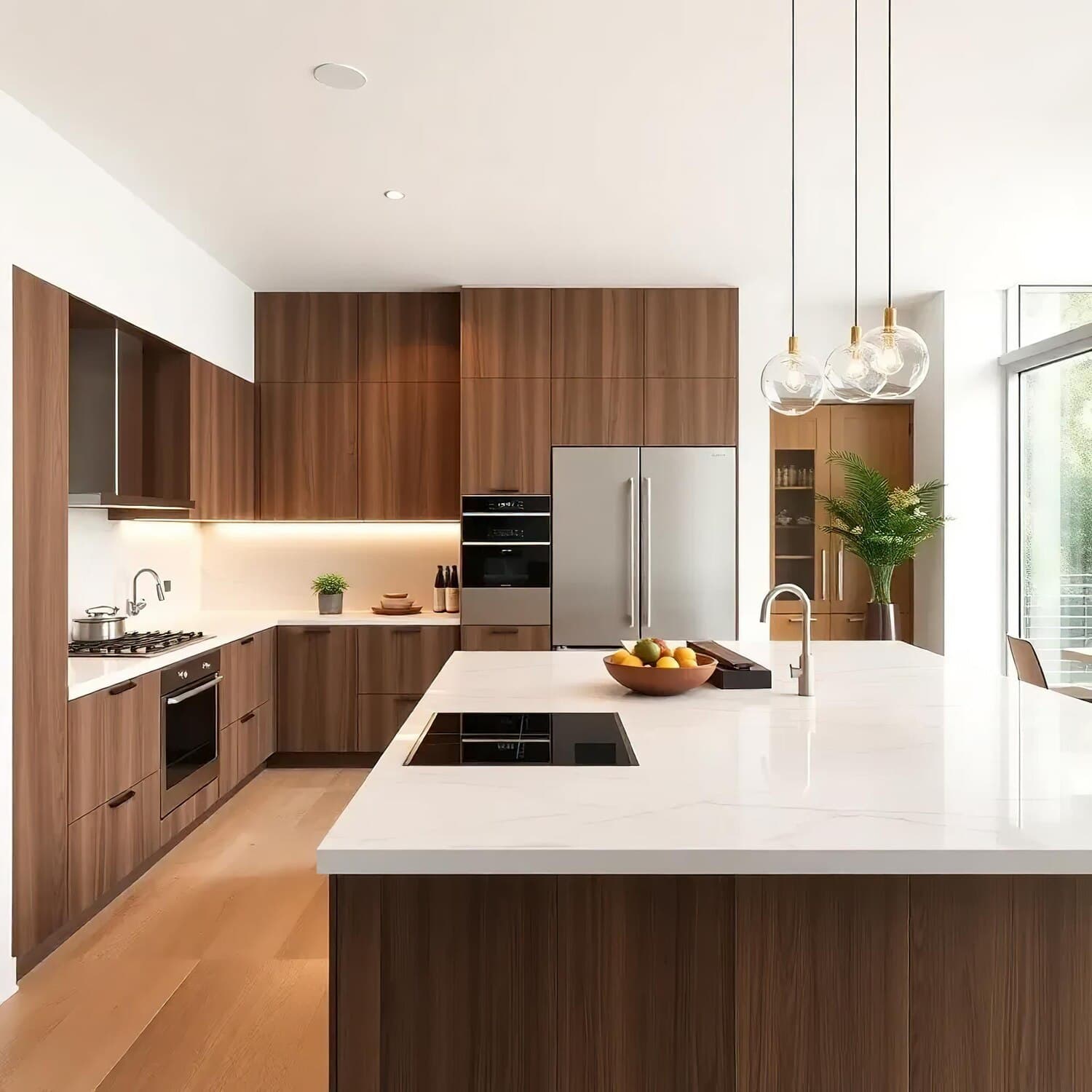 Modern kitchen with wooden cabinets and a white island worktop